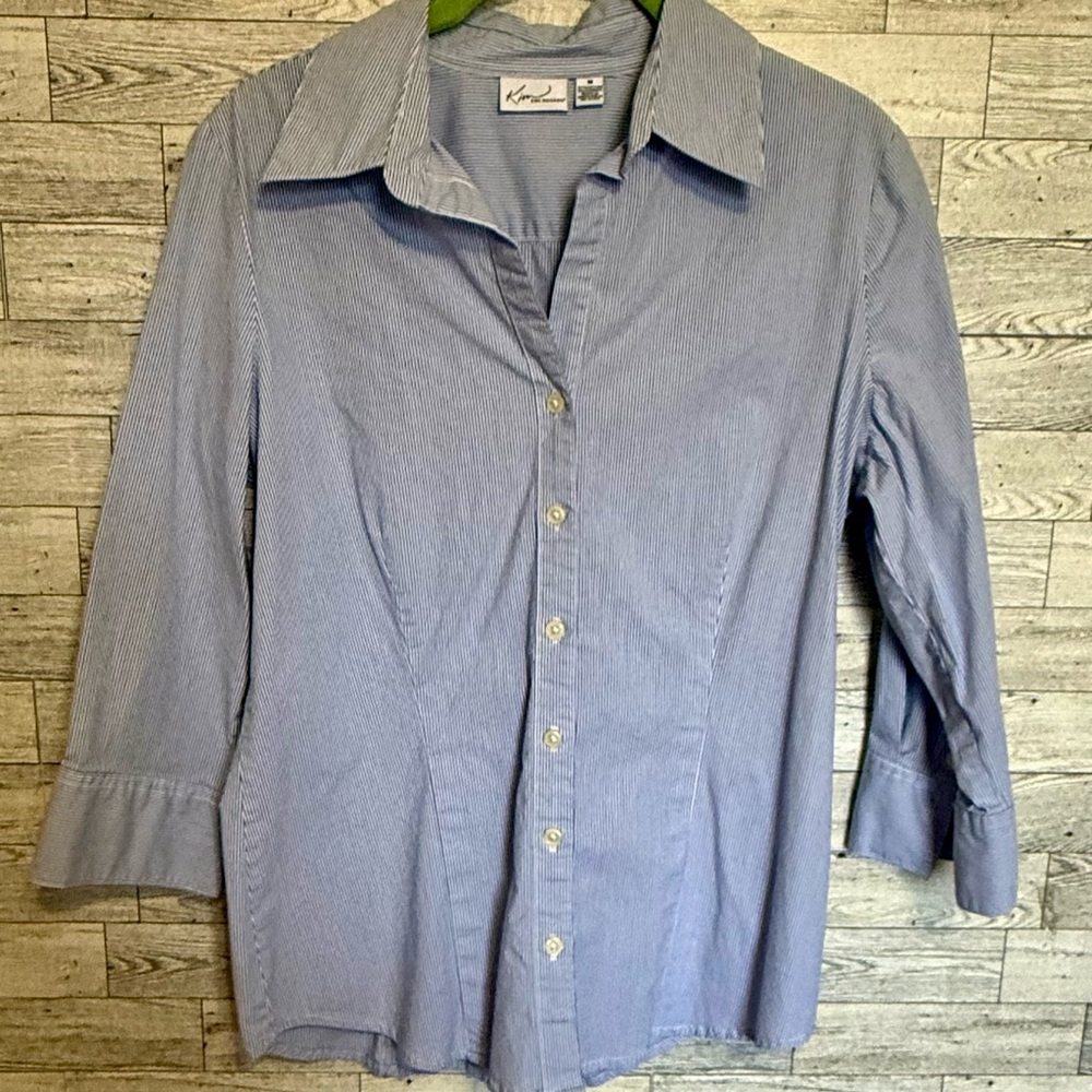 Kim Rogers Woman‎ Fitted Nautical Button Up Top Blue/White Pinstripe Size-Medium